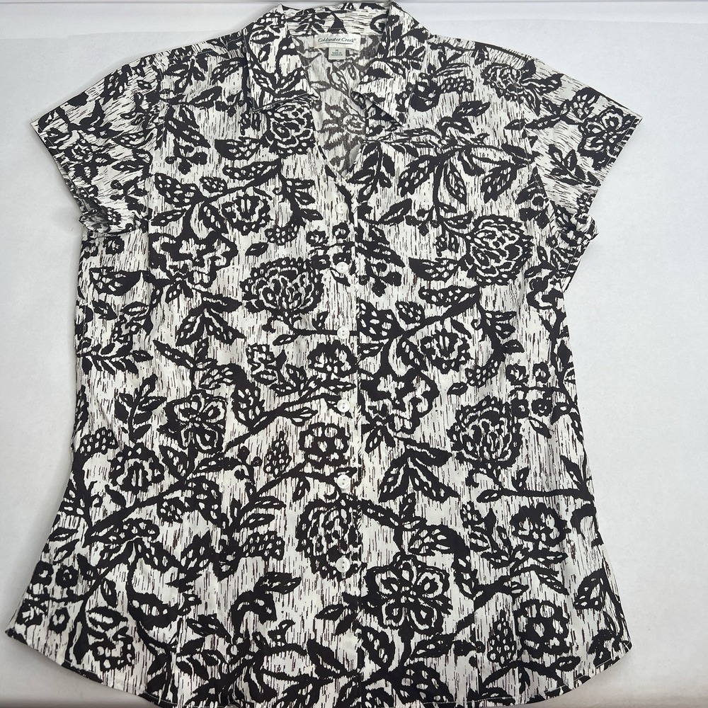 Coldwater Creek Brown White Floral Short Sleeve Button Up Blouse Women M